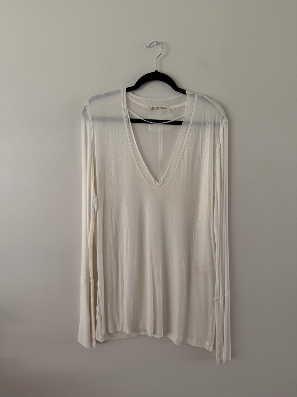 Free People NWOT White Neutral Oversized Boho V Neck Long Sleeve Womens Large